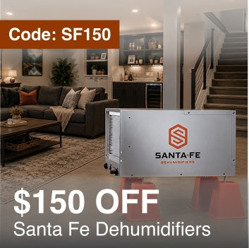 A Santa Fe dehumidifier shown in a home interior with a staircase, sofa, and kitchen in the background. Large promotional text reads 'Code: SF150', '$150 OFF', and 'Santa Fe Dehumidifiers'.