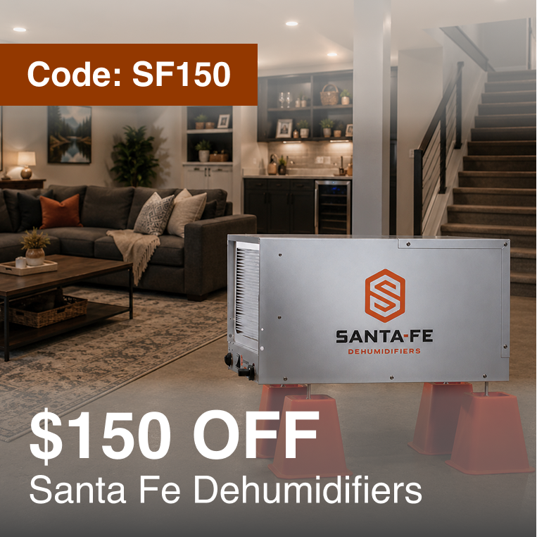 A Santa Fe dehumidifier shown in a staged living room setting, with promotional text reading 'Code: SF150', '$150 OFF', and 'Santa Fe Dehumidifiers'.