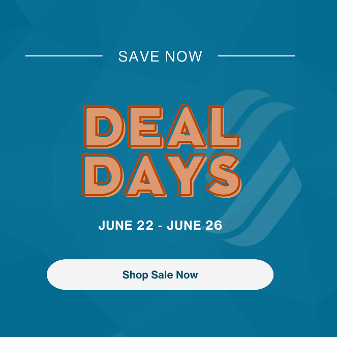 'Deal Days' sale with dates and call to action on a blue background