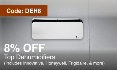 Promotional graphic showing a white wall-mounted dehumidifier against a gray wall, with text reading 'Code: DEH8', '8% OFF', and 'Top Dehumidifiers (Includes Innovative, Honeywell, Frigidaire, & more)'.