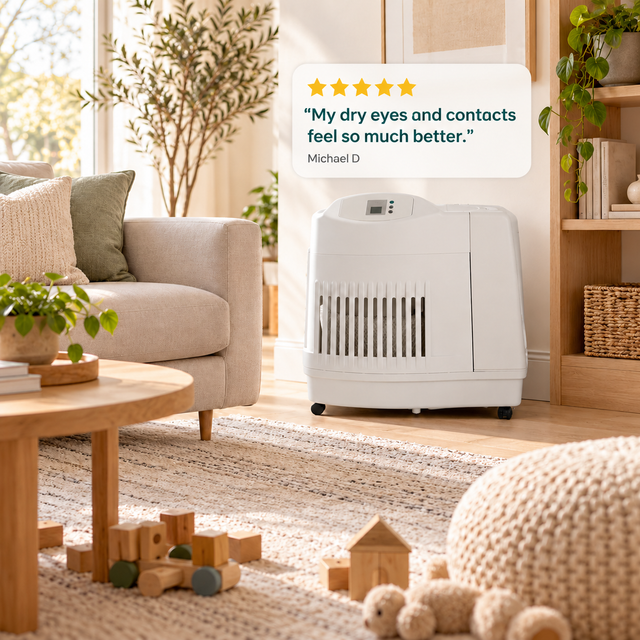 An AIRCARE MA1201 3.6 Gal. Evaporative Whole-House Console Humidifier in a light and bright living room with play area. 5 star review from Michael D "My dry eyes and contacts feel so much better."