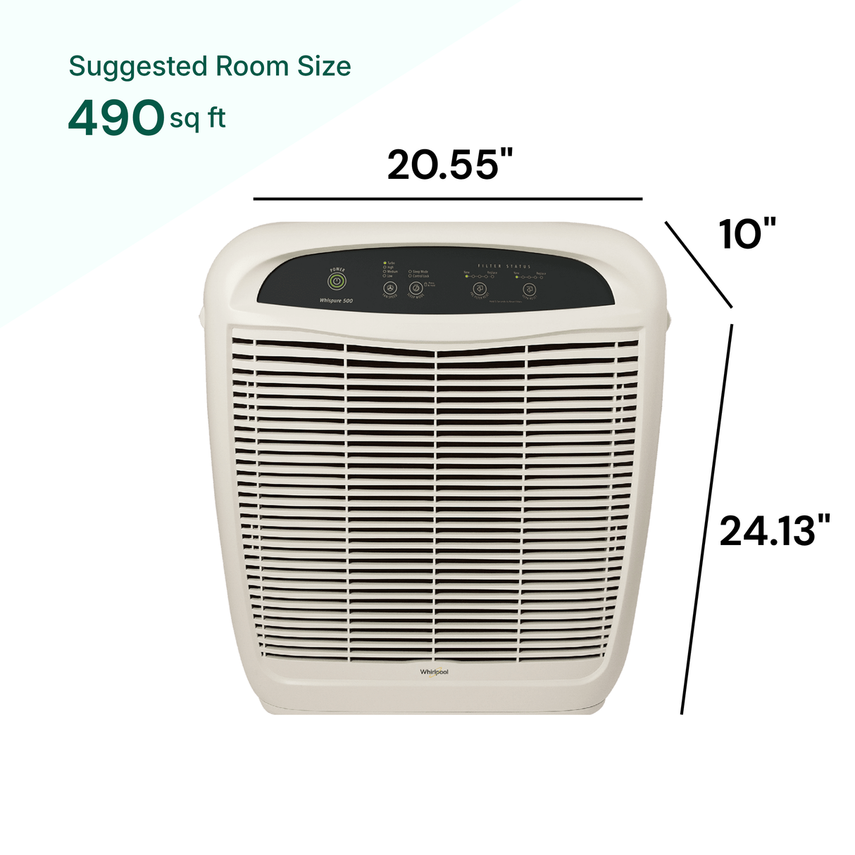 Air purifier with dimensions and suggested room size on a white background