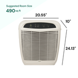 Air purifier with dimensions and suggested room size on a white background
