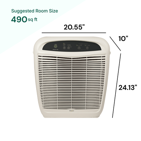 Air purifier with dimensions and suggested room size on a white background