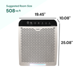 Air purifier with dimensions labeled on a white background