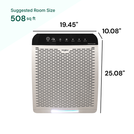 Air purifier with dimensions labeled on a white background