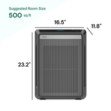 Air purifier with dimensions labeled on a white background