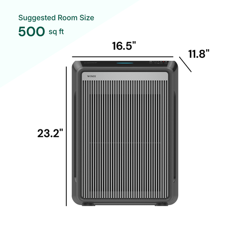 Air purifier with dimensions labeled on a white background