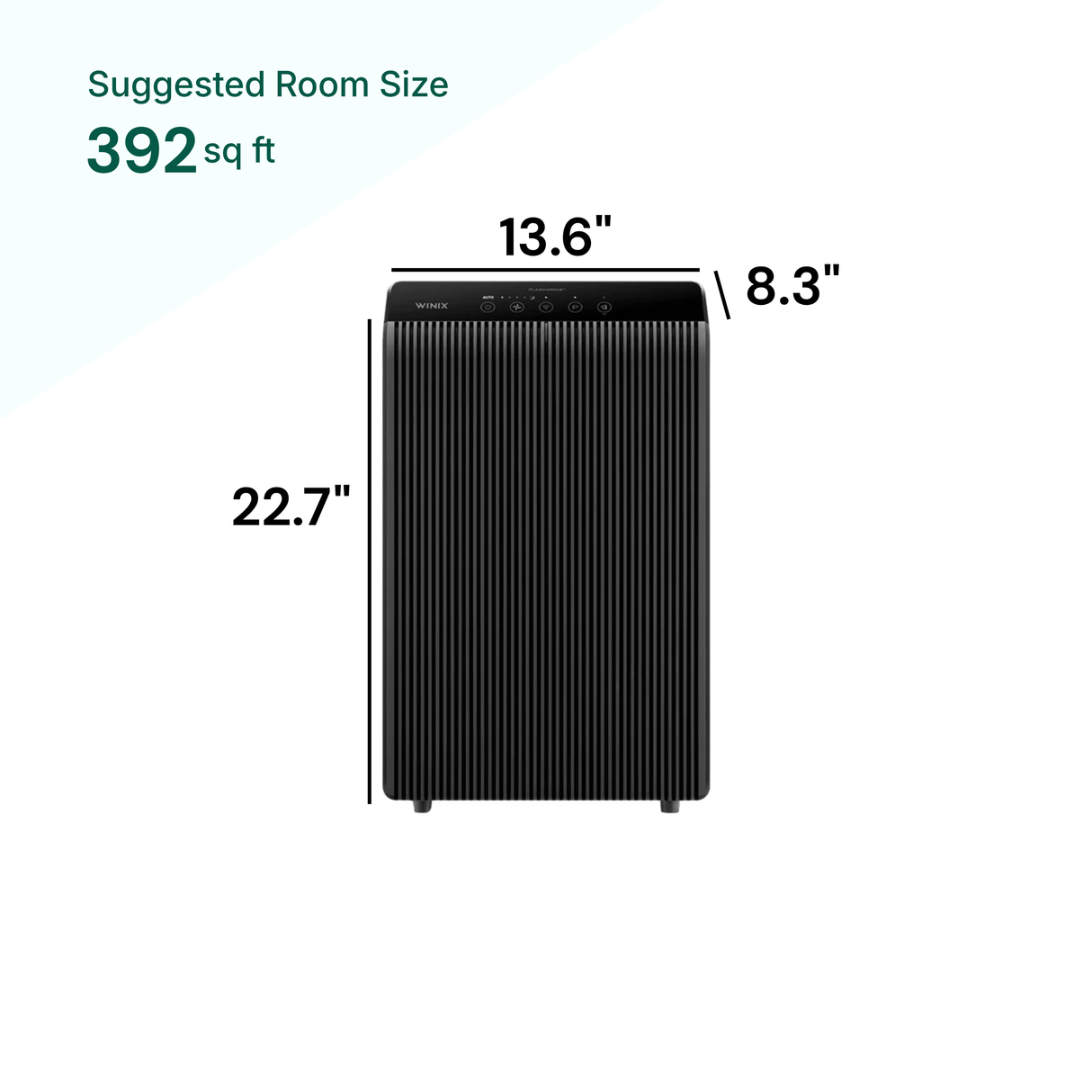 Winix air purifier with dimensions drawn on 13.6" x 8.3" x 22.7" for rooms 392sq ft.