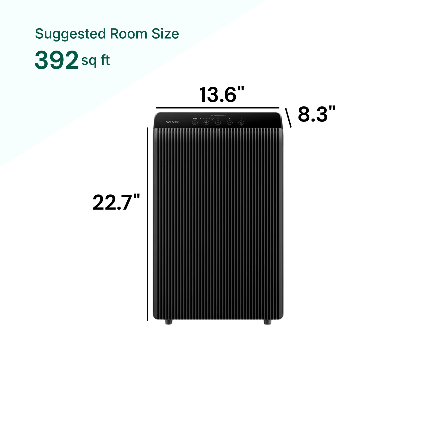 Winix air purifier with dimensions drawn on 13.6" x 8.3" x 22.7" for rooms 392sq ft.