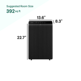 Winix air purifier with dimensions drawn on 13.6" x 8.3" x 22.7" for rooms 392sq ft.