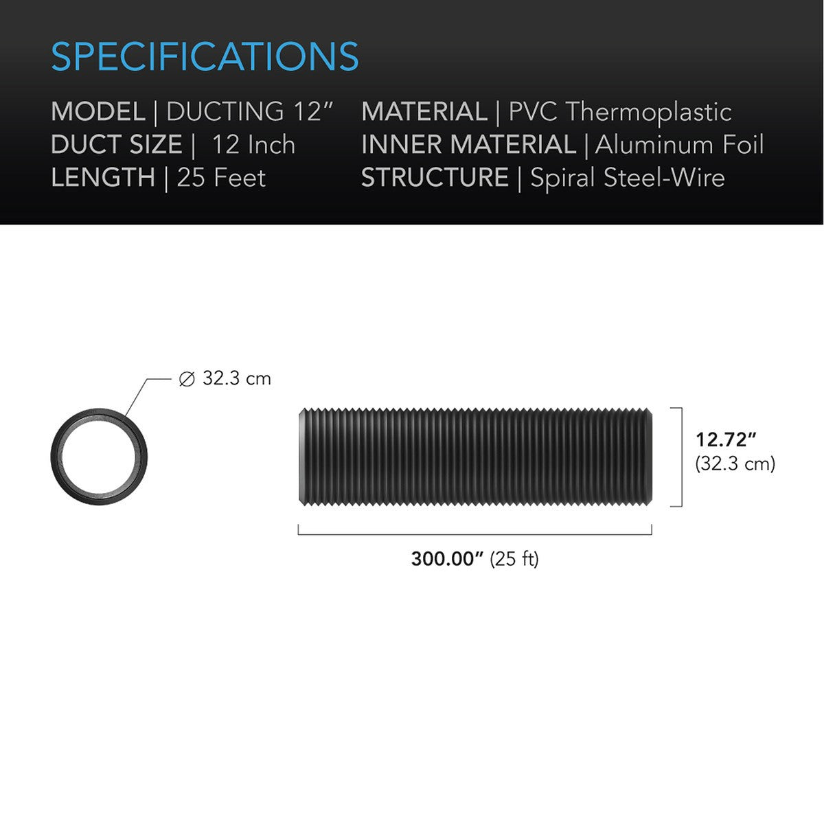 AC Infinity Flexible 12" 4-Layer Heavy Duty Aluminum Ducting 25ft - Specs