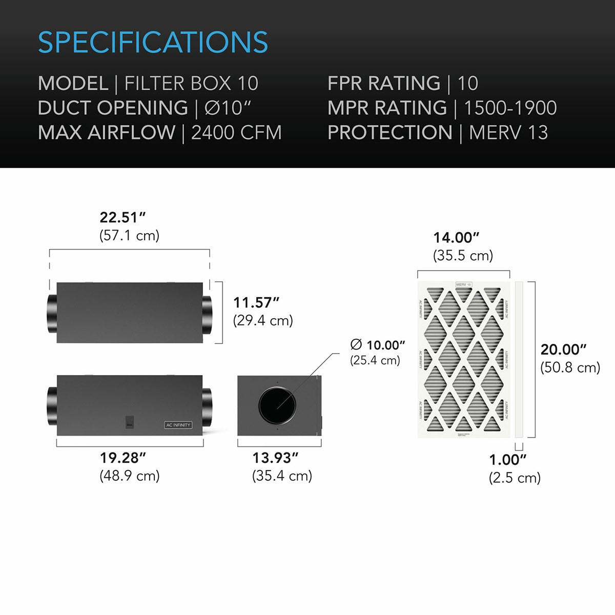 AC Infinity AIR FILTER BOX w/ MERV 13 Filter 10" - Specs