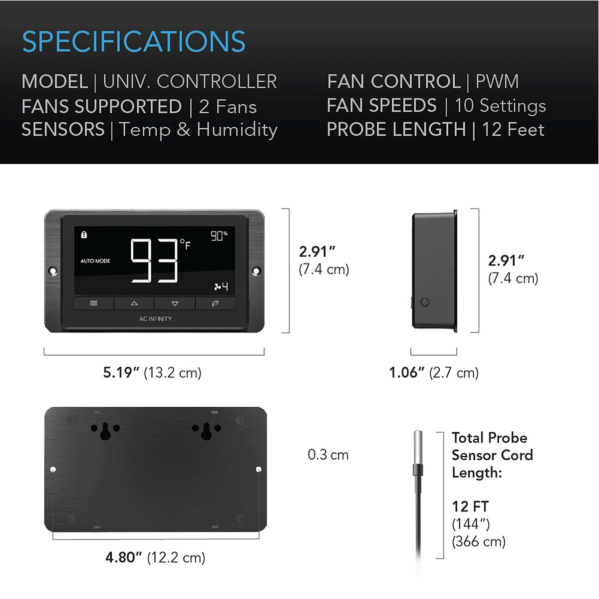 AC Infinity AIRTITAN T7 12-In Ventilation Fan w/ Temperature & Humidity Controller