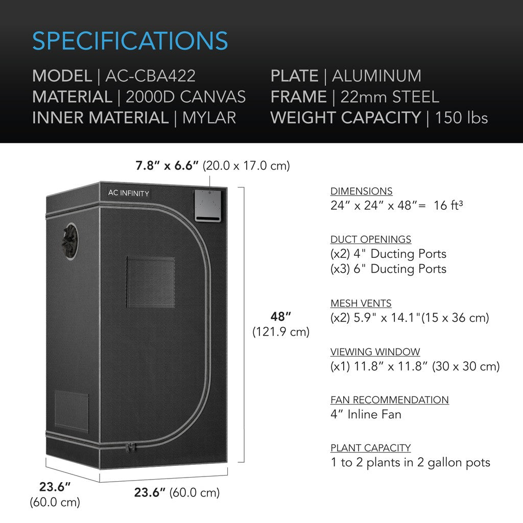 AC Infinity CLOUDLAB 422 48-Inch Tall 2x2 2000D Mylar Canvas Advance Grow Tent