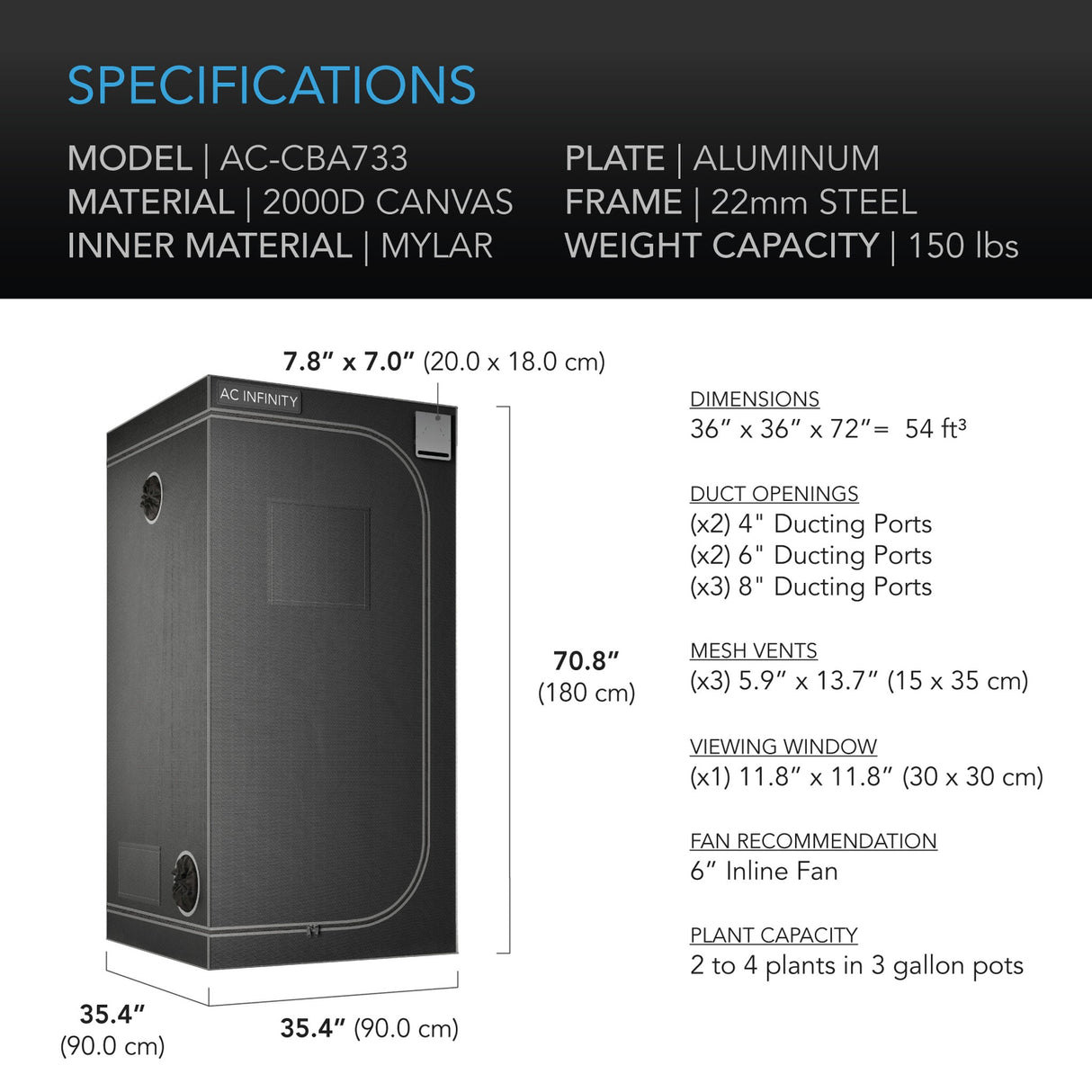 AC Infinity CLOUDLAB 733 72-Inch Tall 3x3 2000D Mylar Canvas Advance Grow Tent