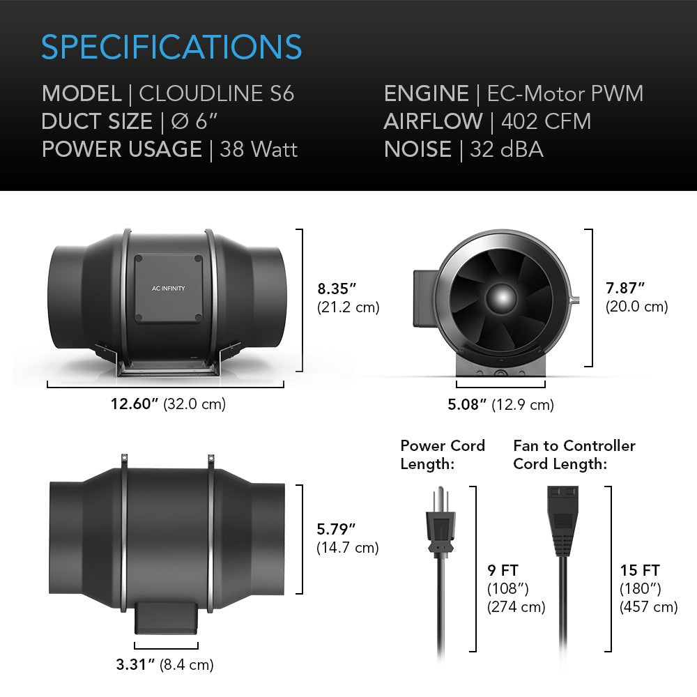 AC Infinity CLOUDLINE S6 6-in Inline Duct Fan w/ Speed Controller