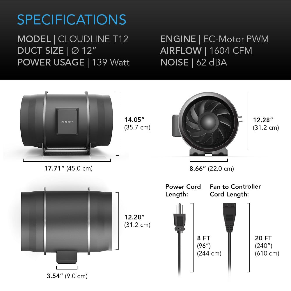 AC Infinity CLOUDLINE T12 12-In Inline Duct Fan w/ LCD Thermal Controller