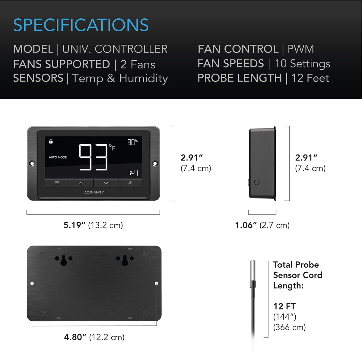 AC Infinity CLOUDLINE T12 12-In Inline Duct Fan w/ LCD Thermal Controller