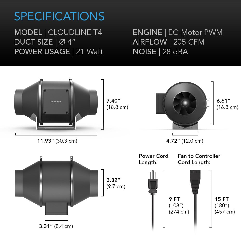 AC Infinity CLOUDLINE T4 4-In Inline Duct Fan w/ LCD Thermal Controller