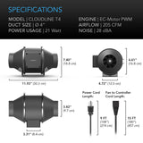 AC Infinity CLOUDLINE T4 4-In Inline Duct Fan w/ LCD Thermal Controller