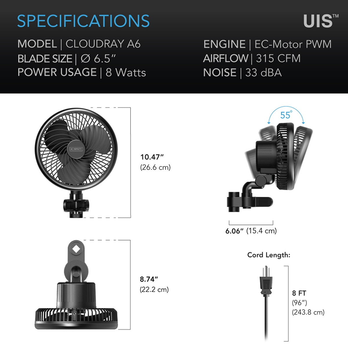 AC Infinity CLOUDRAY 10-Speed Grow Tent Clip Fan - Specs