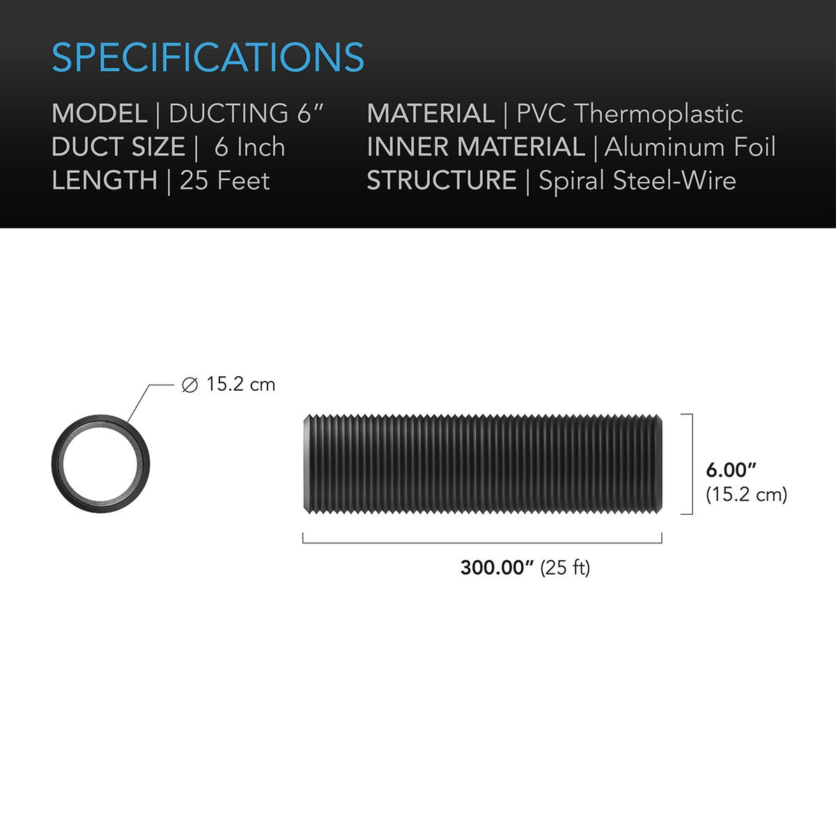 AC Infinity Flexible 6" 4-Layer Heavy Duty Aluminum Ducting 25ft - Specs