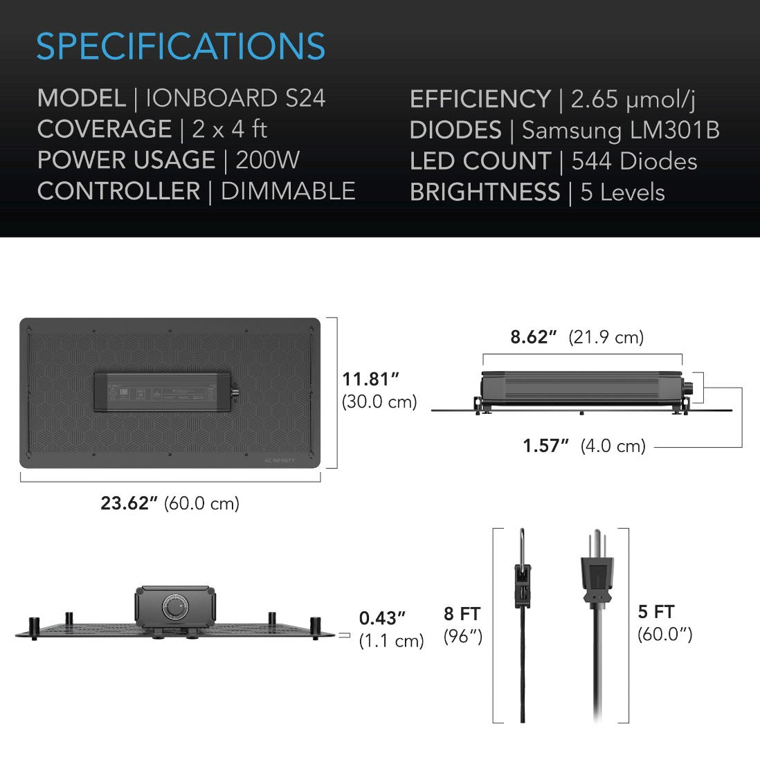 AC Infinity IONBOARD Full Spectrum LED Grow Light - 200W (2'x4') - Specs