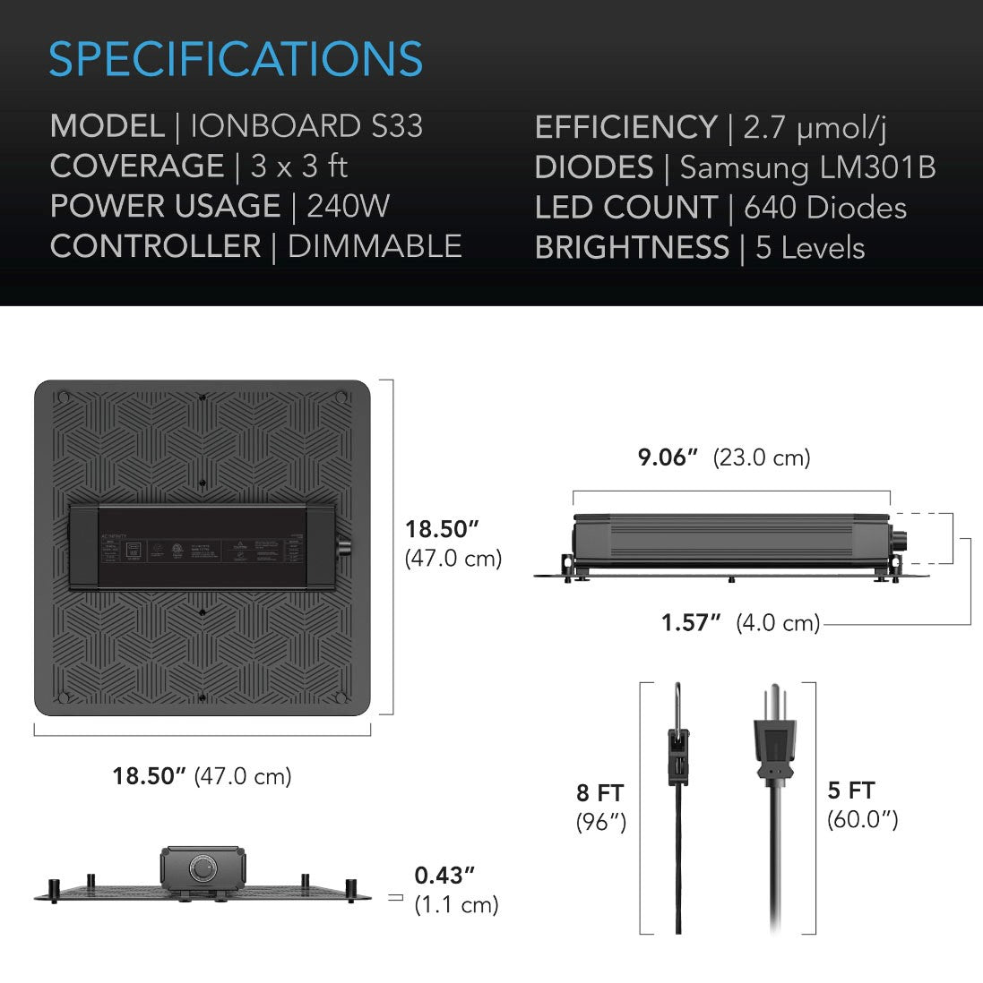 AC Infinity IONBOARD Full Spectrum LED Grow Light - 240W (3'x3') - Specs