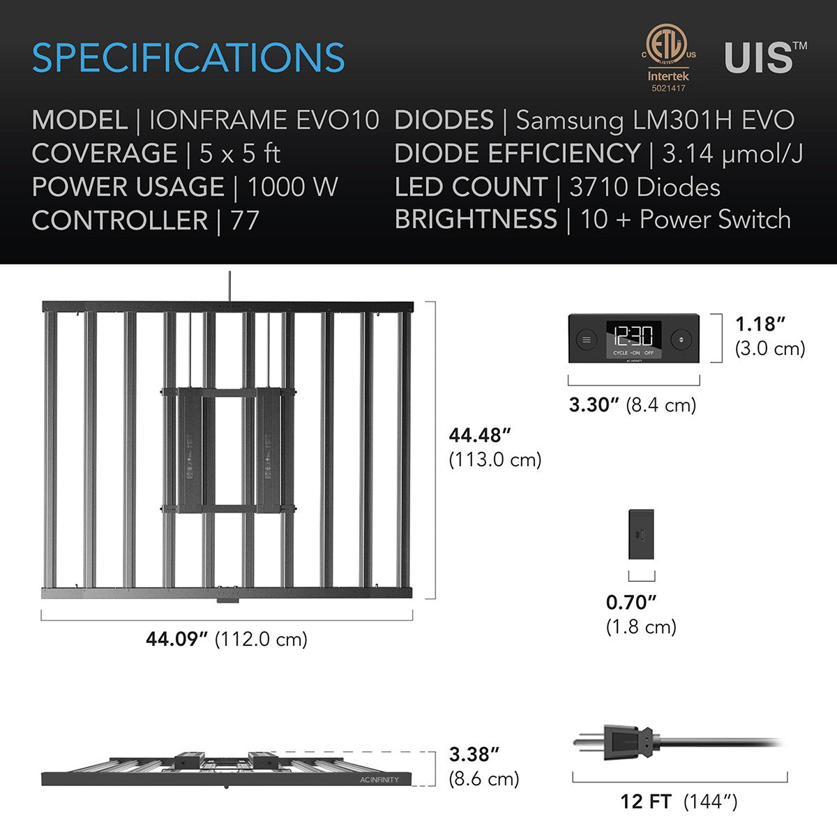AC Infinity IONFRAME EVO Commercial LED Grow Light - 1000w - Spec Sheet