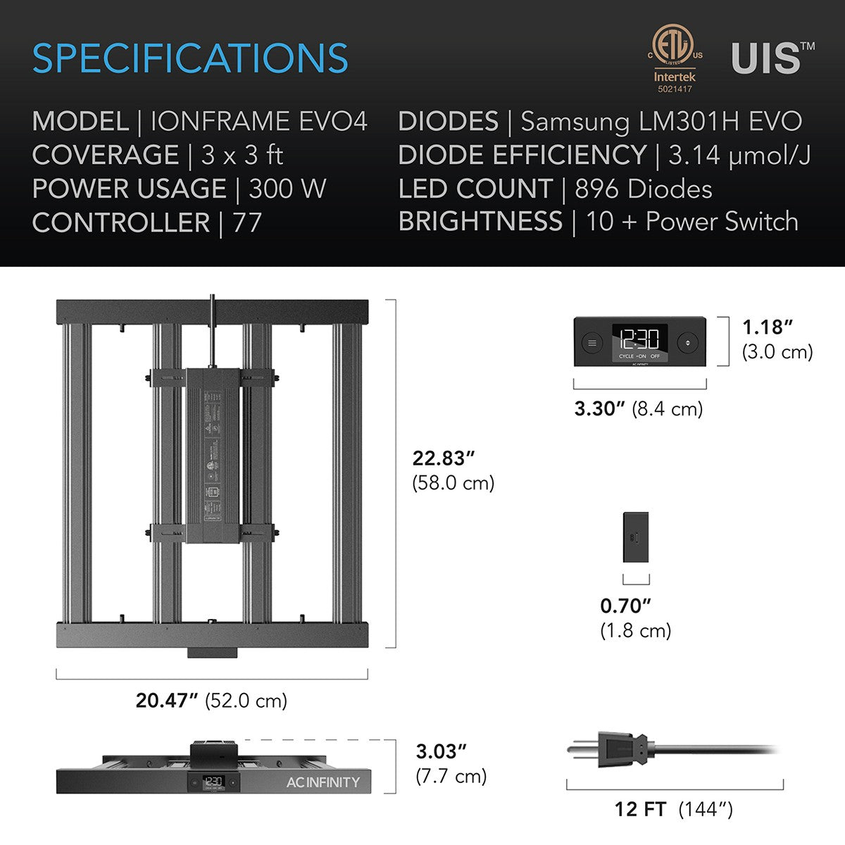 AC Infinity IONFRAME EVO Commercial LED Grow Light  - 300w - Spec Sheet