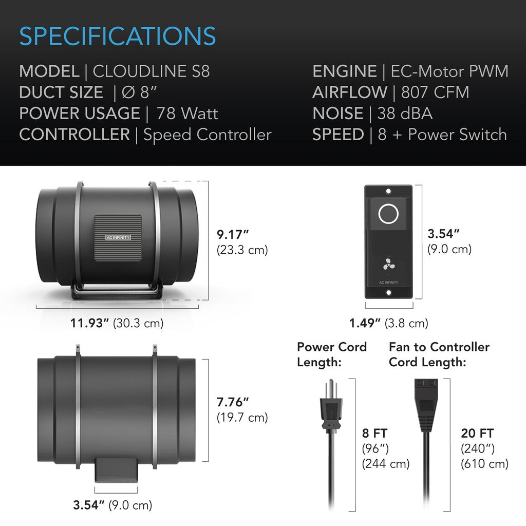 AC Infinity Raxial Inline Duct Booster Fan w/Speed Controller 8" - Specs
