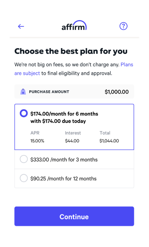 Affirm financing plan selection screen with purchase amount and payment options displayed as examples, for illustration of the process only.