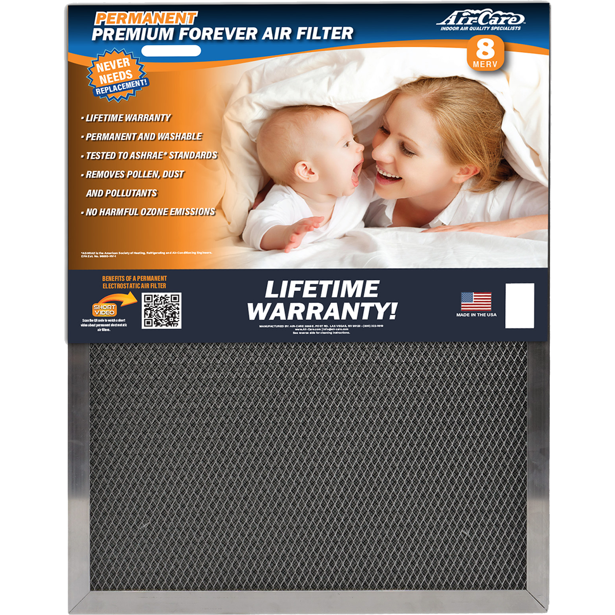 Air-Care 5-In. Deep Permanent Electrostatic Washable MERV 8 Air Filter - Front View
