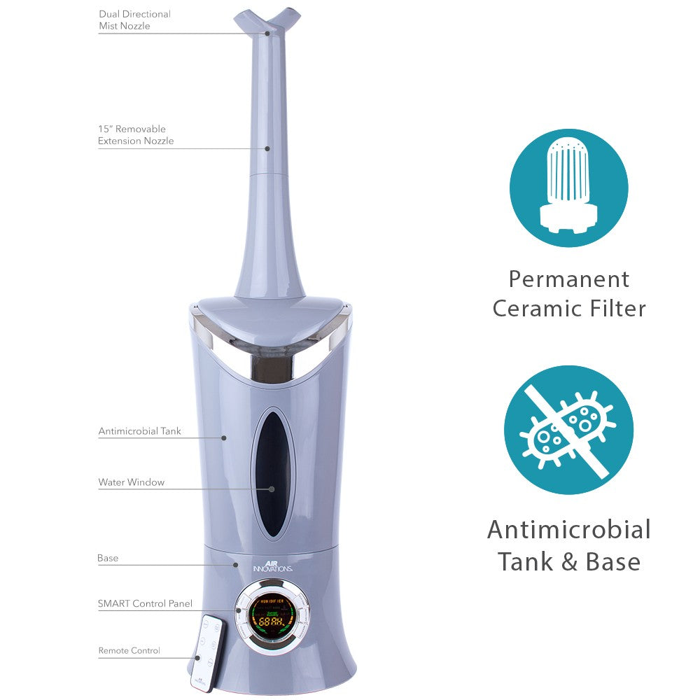 Air Innovations 1.7 Gal. Ultrasonic Cool Mist Humidifier w/ Remote - Features ceramic filter, antimicrobial tank, water level window, and mist control.