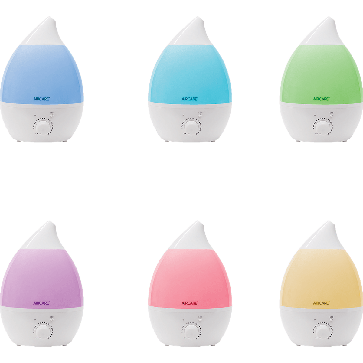 AIRCARE AURORA Ultrasonic Humidifier - Colors include blue, aqua, green, lavender, pink, amber.