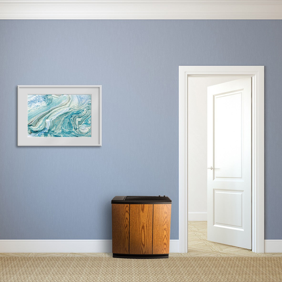 AIRCARE Alliance Console Style Analog Humidifier - Light Oak - on floor of hallway with blue walls