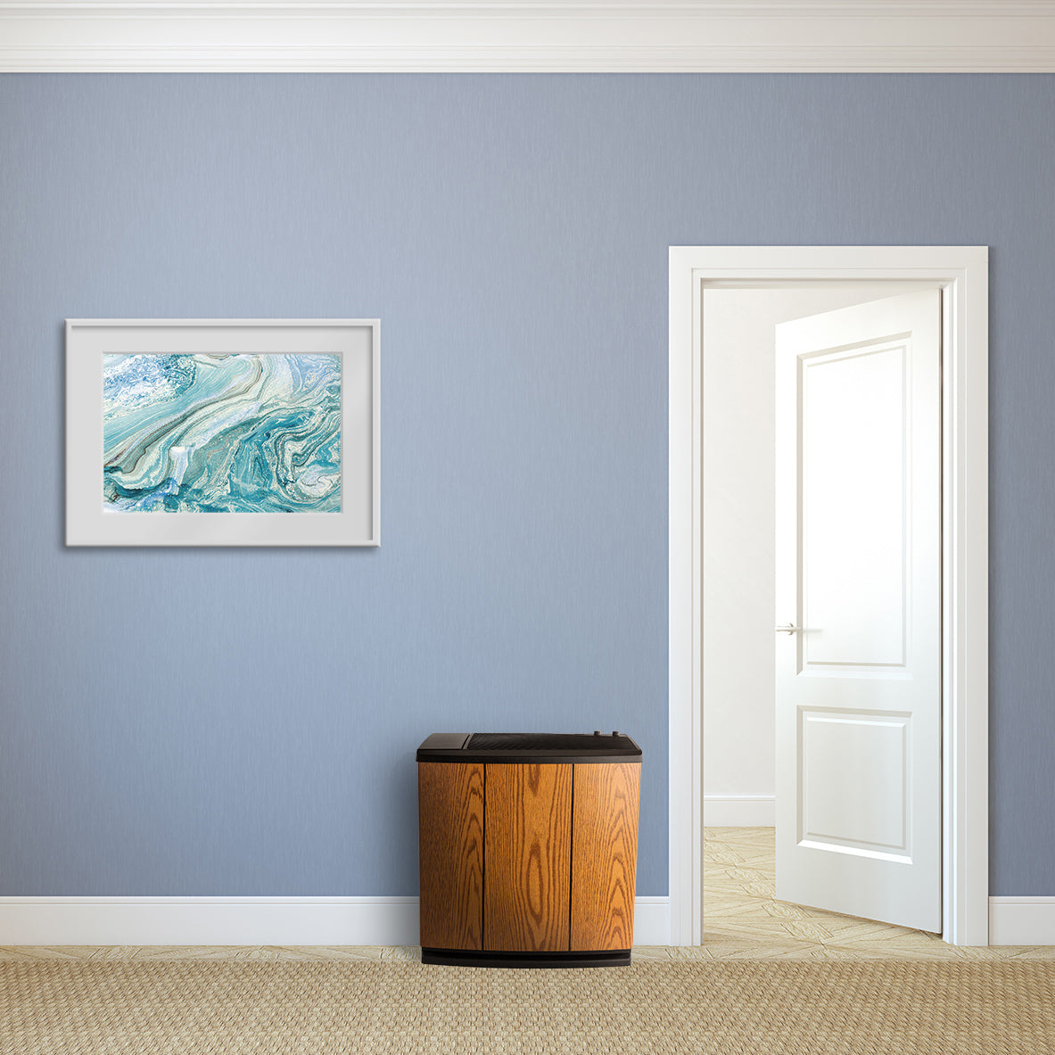 AIRCARE Alliance Console Style Analog Humidifier - Light Oak - on floor of hallway with blue walls