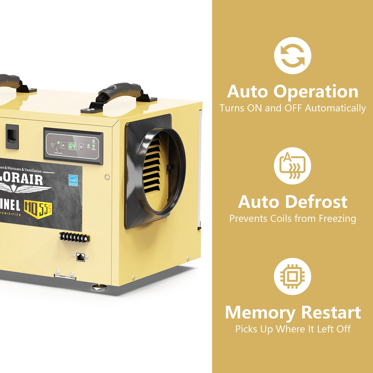 AlorAir Sentinel 55 Pint at AHAM Dehumidifier With Drain Hose for Crawl Spaces or Basements Up to 1,300 Sq. Ft., Gold - Auto defrost, operation, & memory restart.