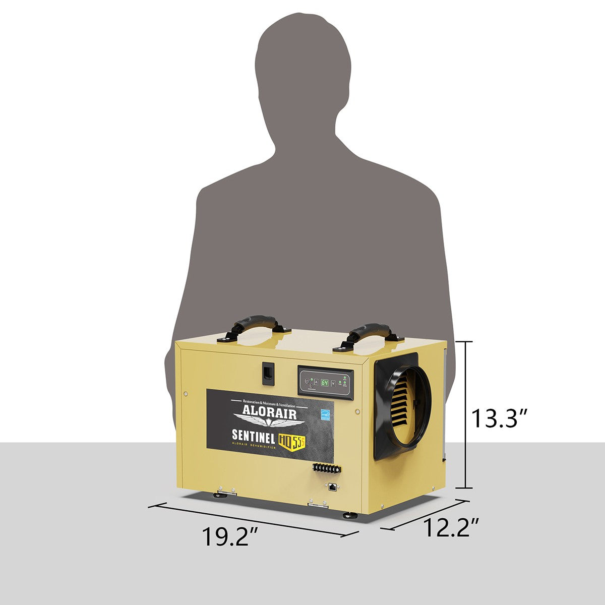 AlorAir Sentinel 55 Pint at AHAM Dehumidifier With Drain Hose for Crawl Spaces or Basements Up to 1,300 Sq. Ft., Gold - Dimensions 13.3 H x 12.2 W x 19.2 D