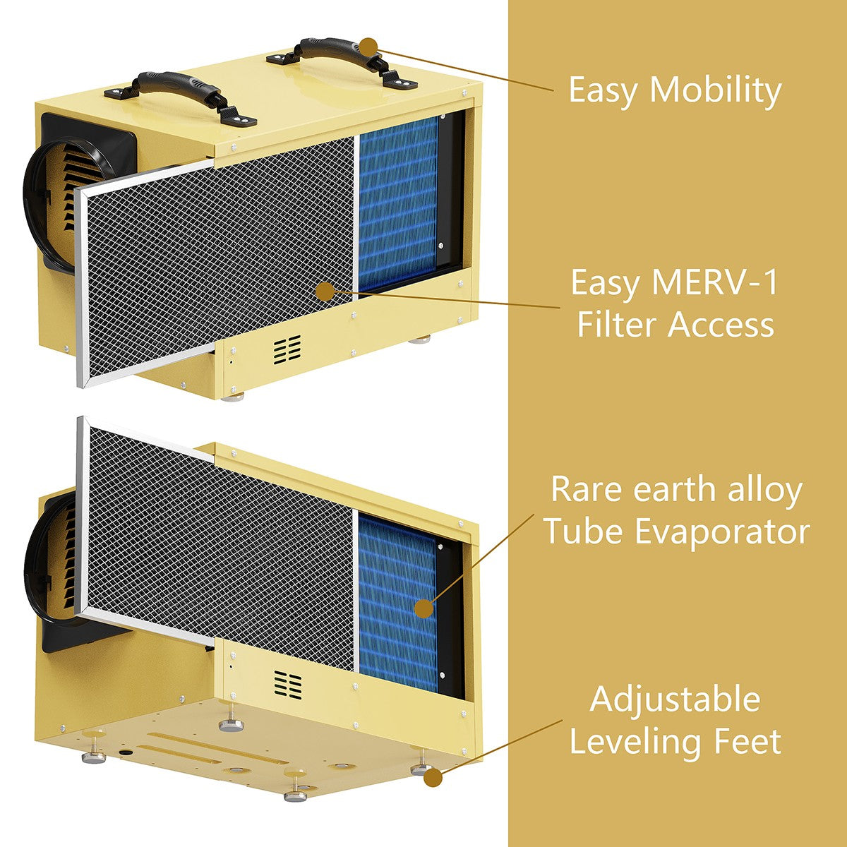 AlorAir Sentinel 55 Pint at AHAM Dehumidifier With Drain Hose for Crawl Spaces or Basements Up to 1,300 Sq. Ft., Gold - Easy to Use
