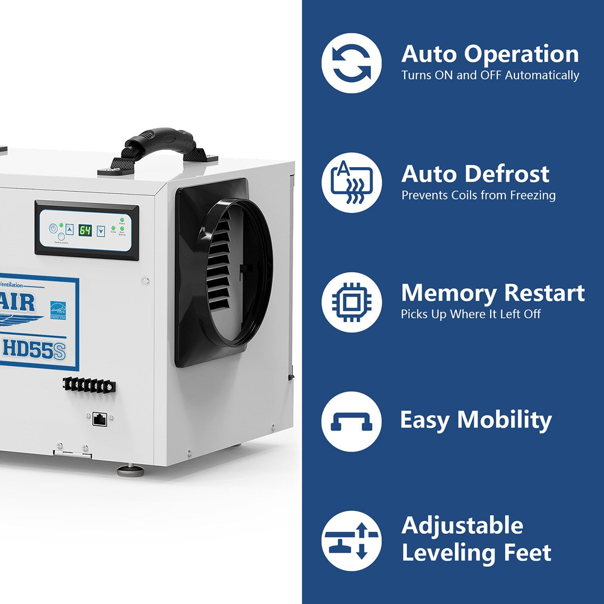 AlorAir Sentinel 55 Pint at AHAM Dehumidifier With Drain Hose for Crawl Spaces or Basements Up to 1,300 Sq. Ft., White - Features