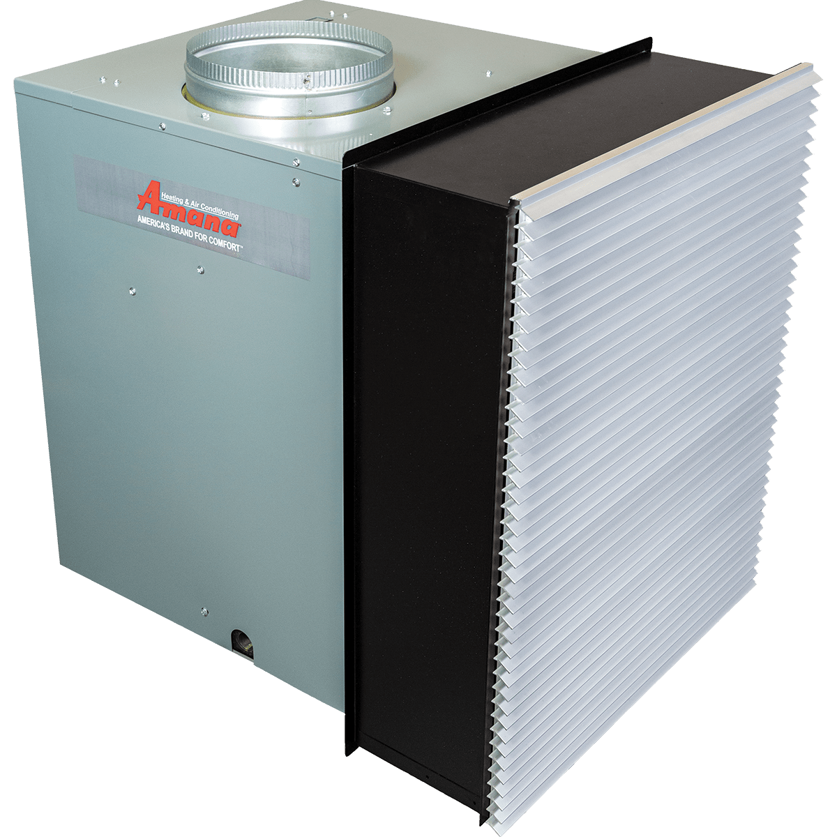 Amana 11,000 BTU Vertical Terminal Air Conditioner w/ Heat Pump - Back Angle with Adapter and Grille