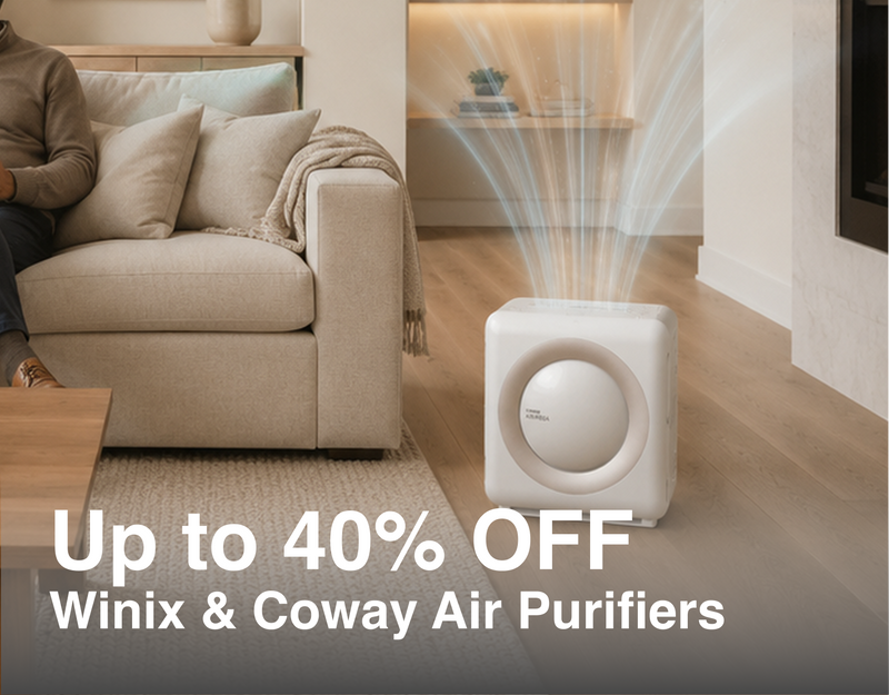 Air purifier in a living room with promotional text for Winix and Coway air purifiers. Up to 40% OFF air purifiers from Winix and Coway