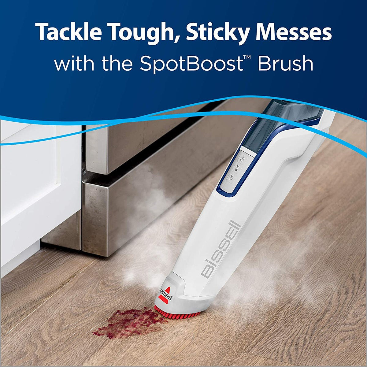 Bissell PowerFresh Deluxe Steam Mop - Using the SpotBoost Brush to remove stubborn dirt.