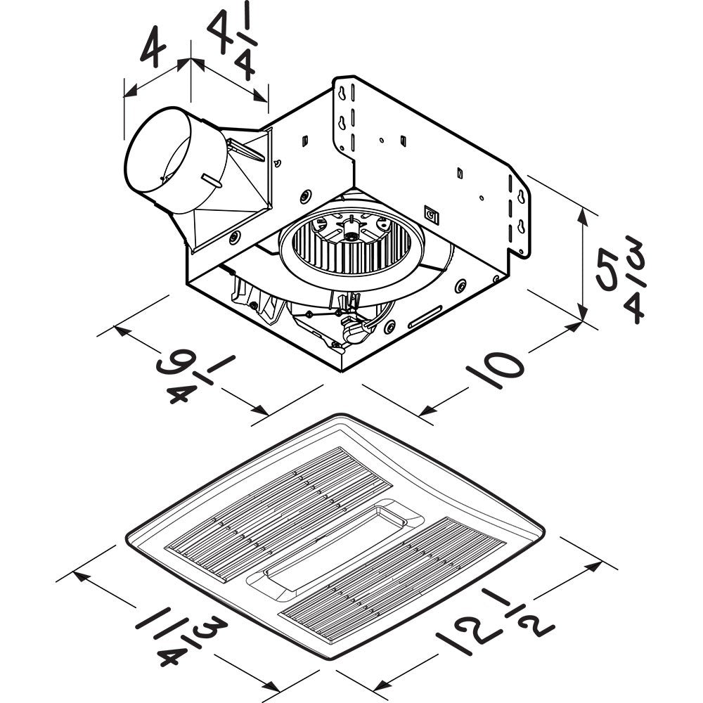 Broan Flex DC Series 50-100 CFM Bathroom Exhaust Fan with LED Light - Dimensions
