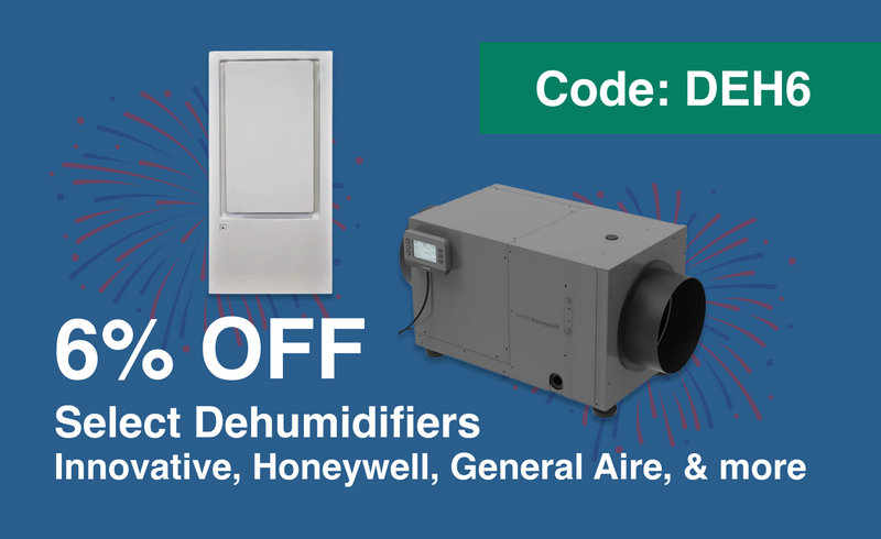 Promotional graphic for dehumidifiers with a blue background and text offering6% OFF Select Dehumidifiers Including innovative, honeywell, General Aire and more. Code: DEH6
