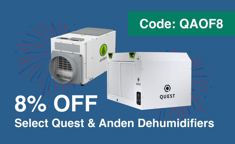An Aprilaire and Quest dehumidifiers with a promotional offer of 8% OFF Select Quest and Anden Dehumidifiers Code QAOF8