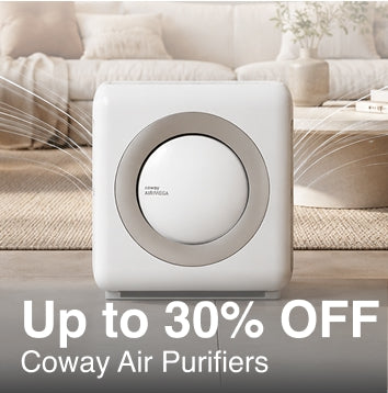A Coway Air Purifier shown in a modern living room setting, with a large promotional text overlay at the bottom reading 'Up to 30% OFF Coway Air Purifiers'.
