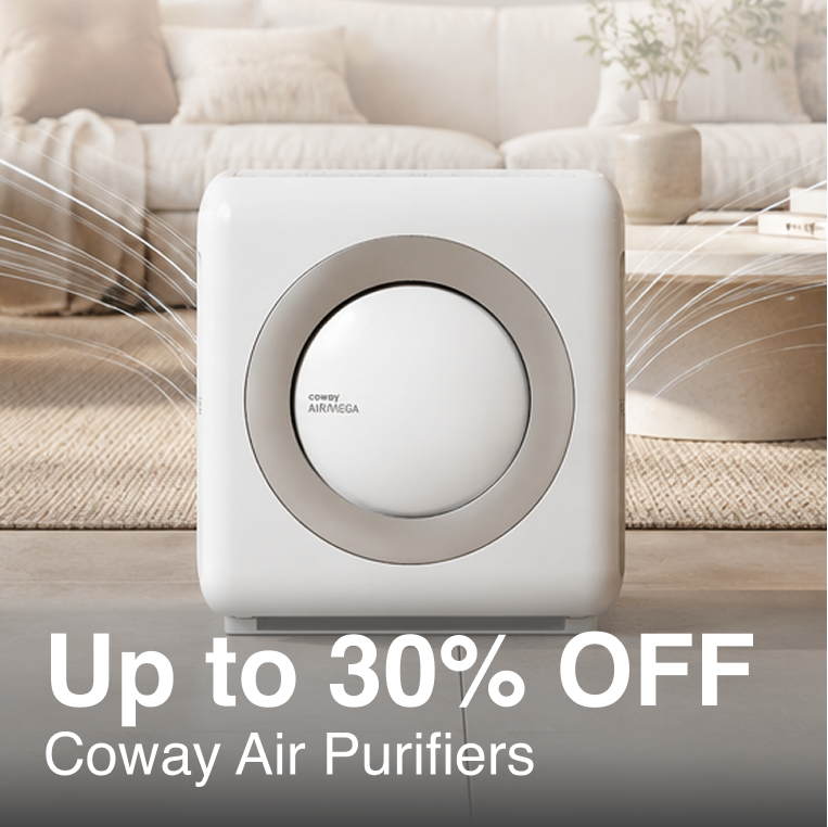 A white Coway Air Purifier placed in a modern living room setting, with a promotional text overlay at the bottom reading 'Up to 30% OFF Coway Air Purifiers'.